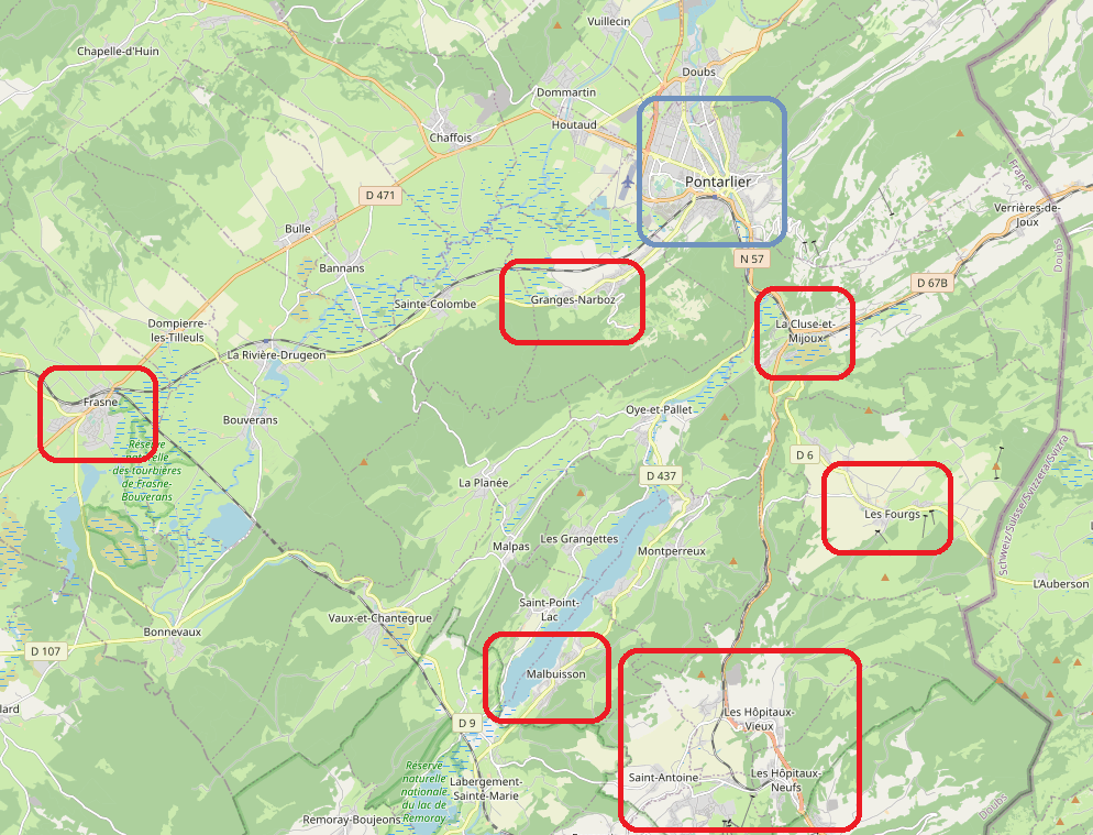 carte des villes proches de Pontarlier